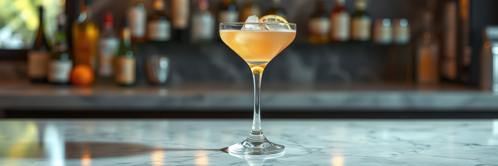 Refreshing cocktail garnished with lemon served on a marble bar counter in a stylish venue